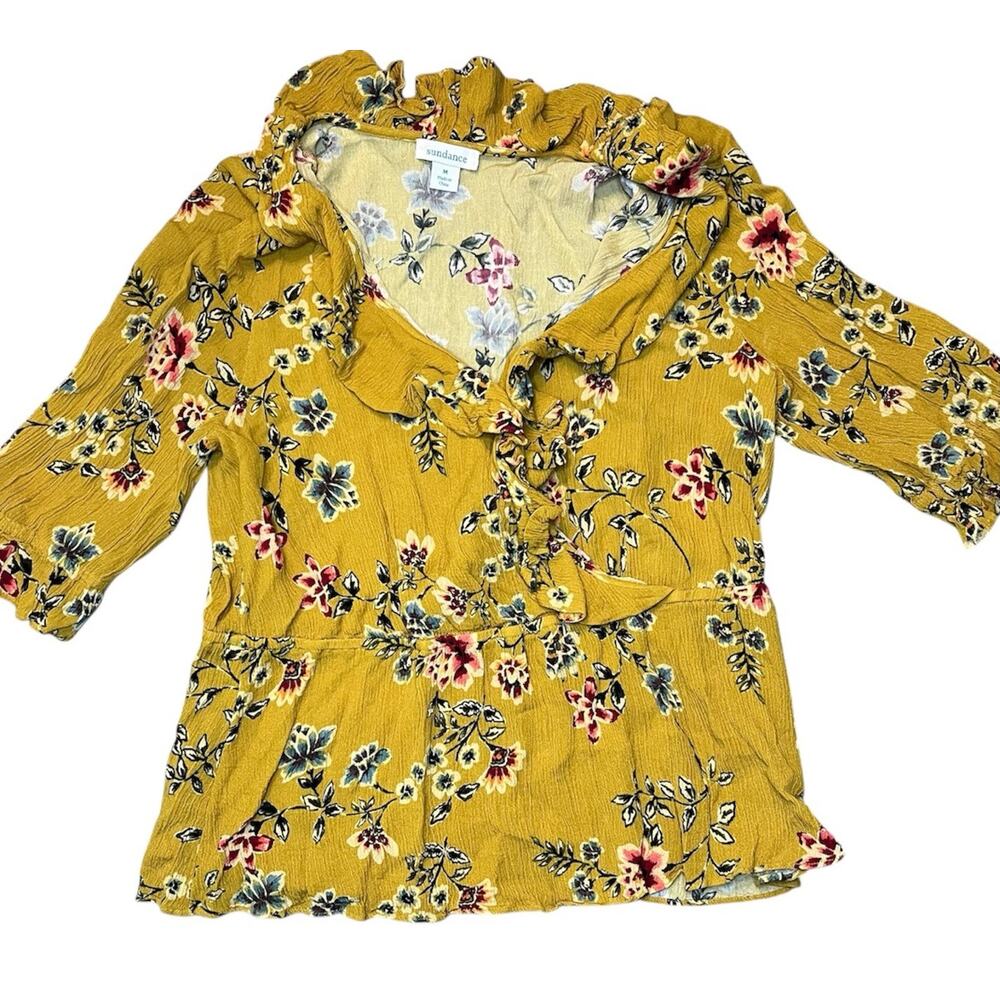 SUNDANCE Women’s Size L Pullover Top Mustard Floral Baby Doll Boho Peasant